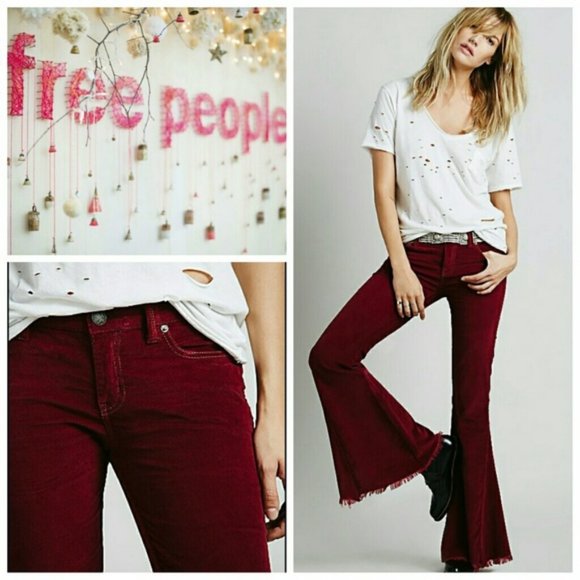 Free People Cords Super Flare Bellbottom Jeans Mulberry Corduroy Pants - Picture 13 of 13